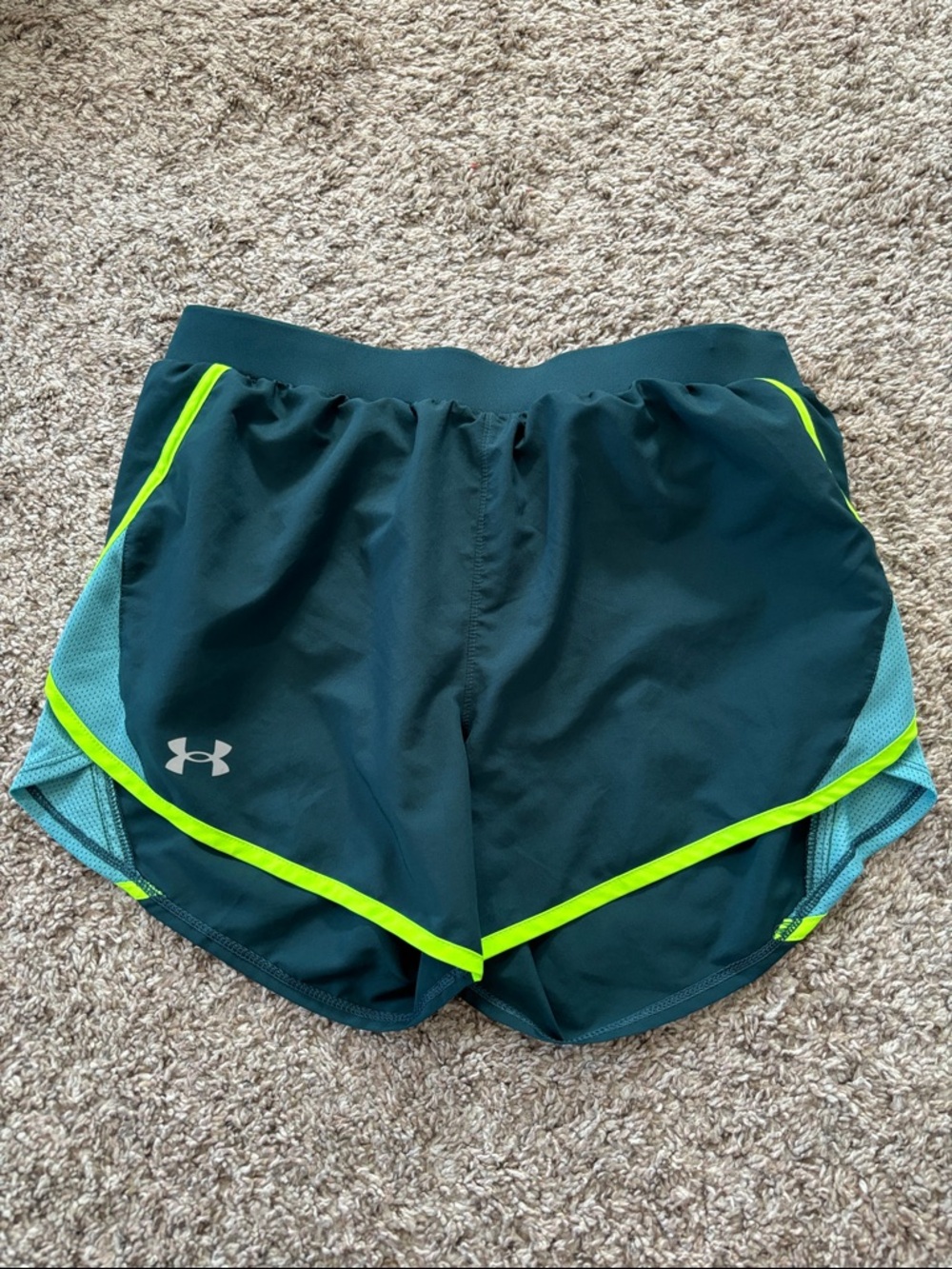 Under Armour Women's Dark Teal Athletic Shorts with Neon Lime Trim